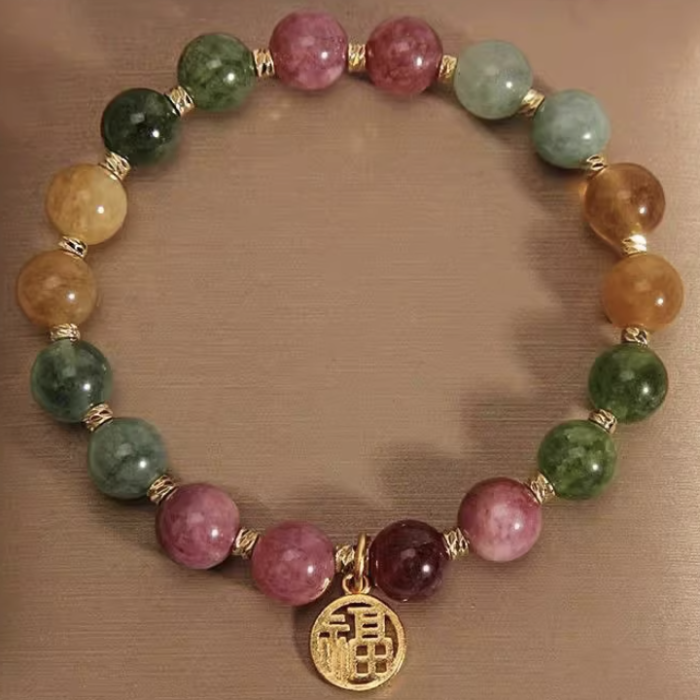Fortune Blessing Bracelet – Multi-Color Tourmaline with “Fu” Charm