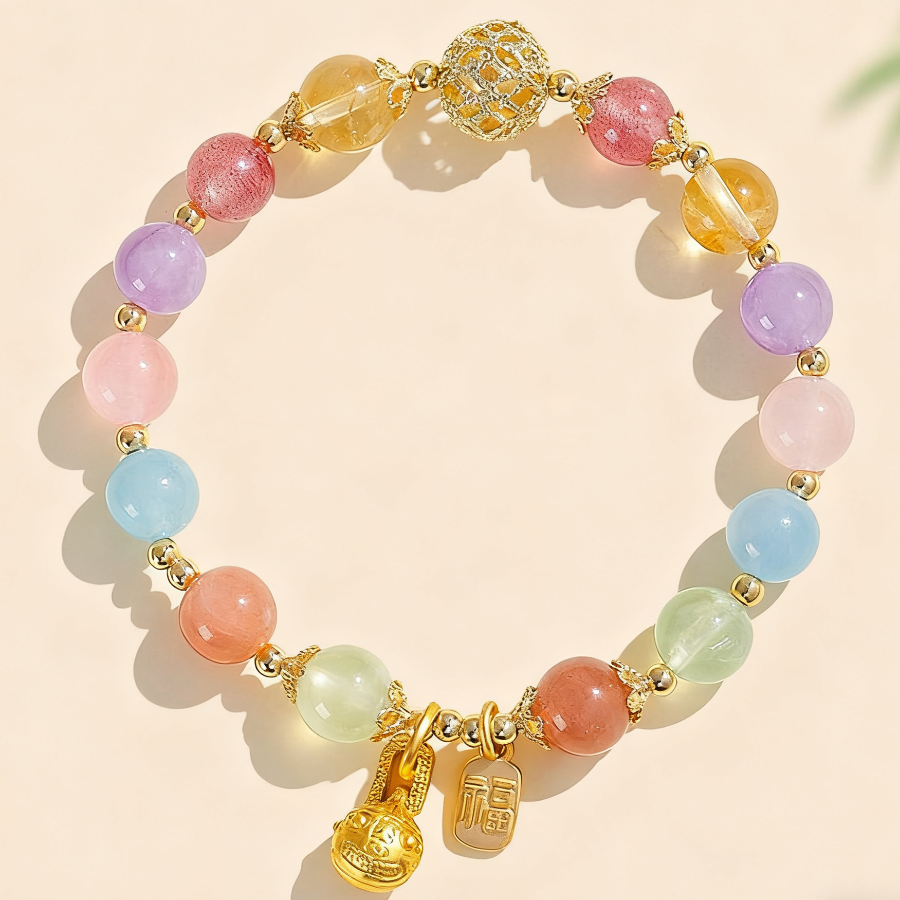 Rainbow Gem Pixiu Bracelet – Strawberry Quartz, Lavender Amethyst, Rose Quartz, Sunstone, Aquamarine & Prehnite