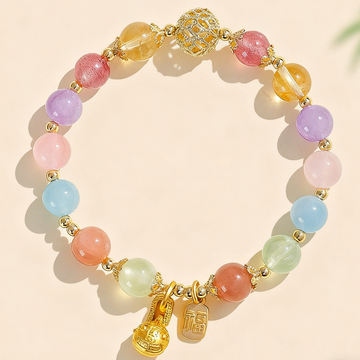 Rainbow Gem Pixiu Bracelet – Strawberry Quartz, Lavender Amethyst, Rose Quartz, Sunstone, Aquamarine & Prehnite