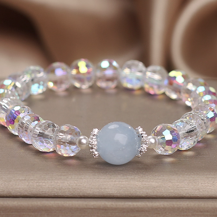 White Crystal Bracelet with Aquamarine Focal – Clarity & Serenity