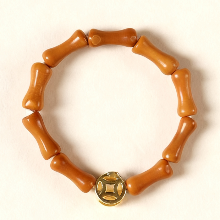 Olive Wood Bamboo Ring with Coin Accent – Women’s Prosperity & Poise