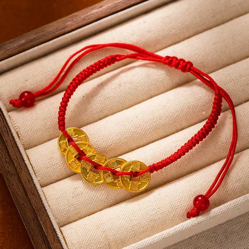 Fortune Coil Red String Bracelet – New Chinese Style, Caishen Coin Charm