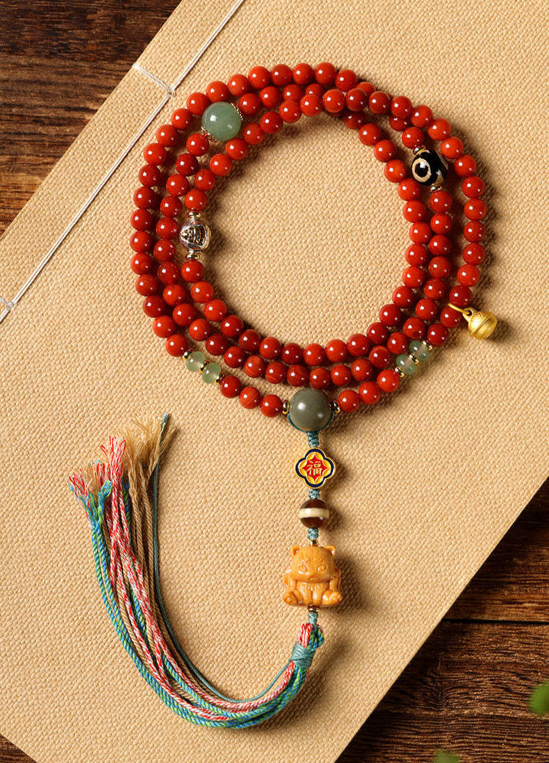 Tibetan-Style 108 Red Agate Mala Necklace – Auspicious Blessings & Love Harmony