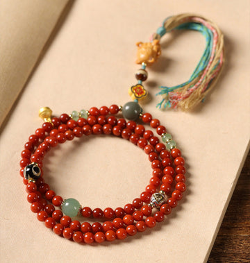 Tibetan-Style 108 Red Agate Mala Necklace – Auspicious Blessings & Love Harmony
