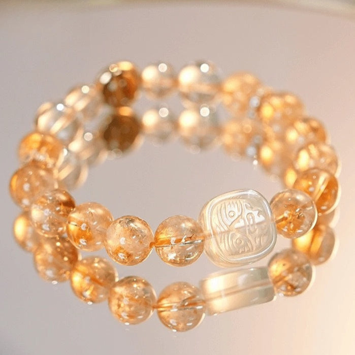 Golden Citrine Double-Wrap Bracelet with Carved White Jade Bead – Prosperity & Clarity