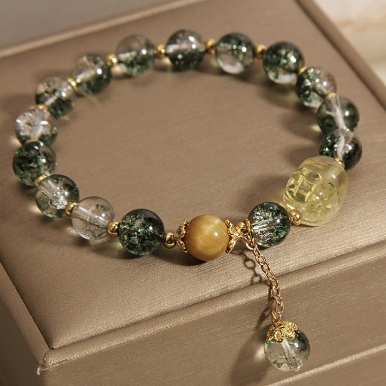 Verdant Vision Bracelet – Green Phantom Quartz & Golden Crystal Charm