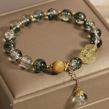 Verdant Vision Bracelet – Green Phantom Quartz & Golden Crystal Charm