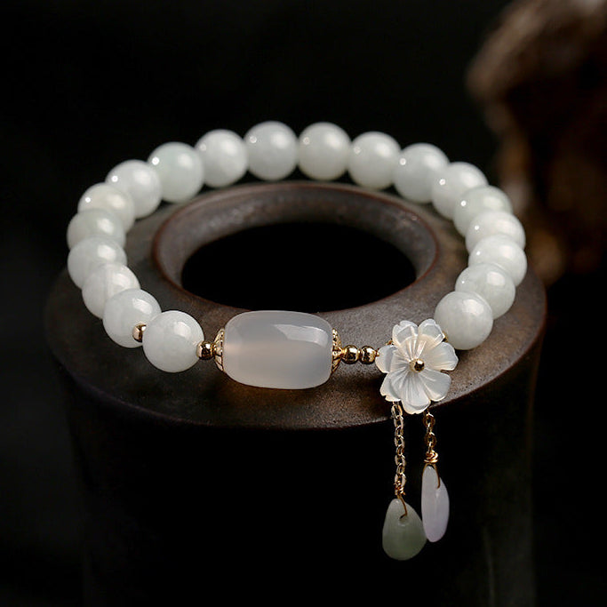 Jade Blossom Bracelet – Natural Jade with 14K Gold & Shell Flower Charm