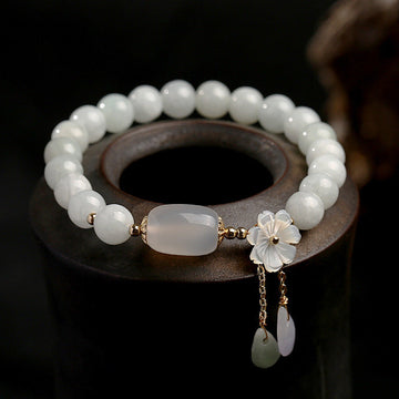 Jade Blossom Bracelet – Natural Jade with 14K Gold & Shell Flower Charm