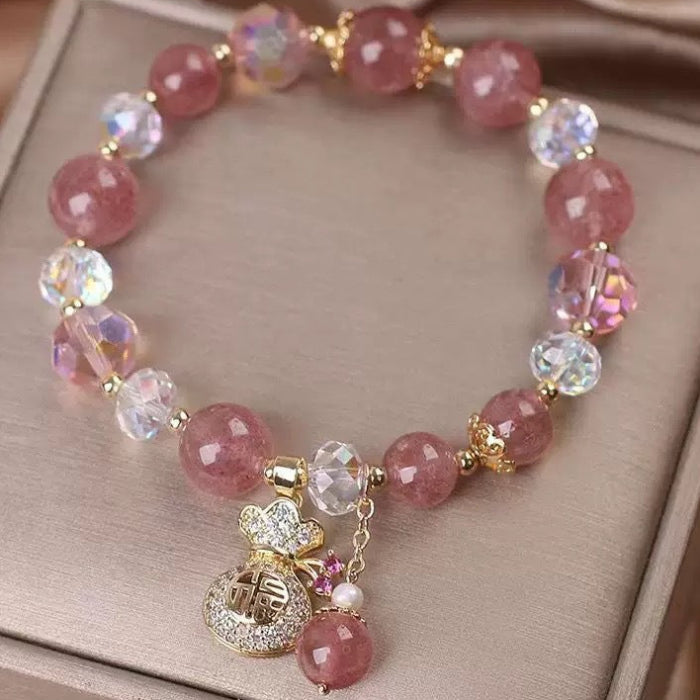 Fortune Bloom Bracelet – Strawberry Quartz & Lucky Money Bag Charm