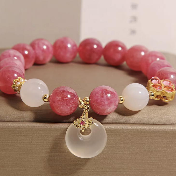 Pink Tourmaline Bracelet with Clover Charm & Peace Pendant – Love & Harmony