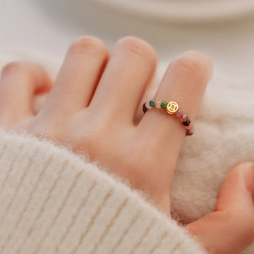 Natural Tourmaline Bead Ring with Coin Accent – Women’s Prosperity Talisman