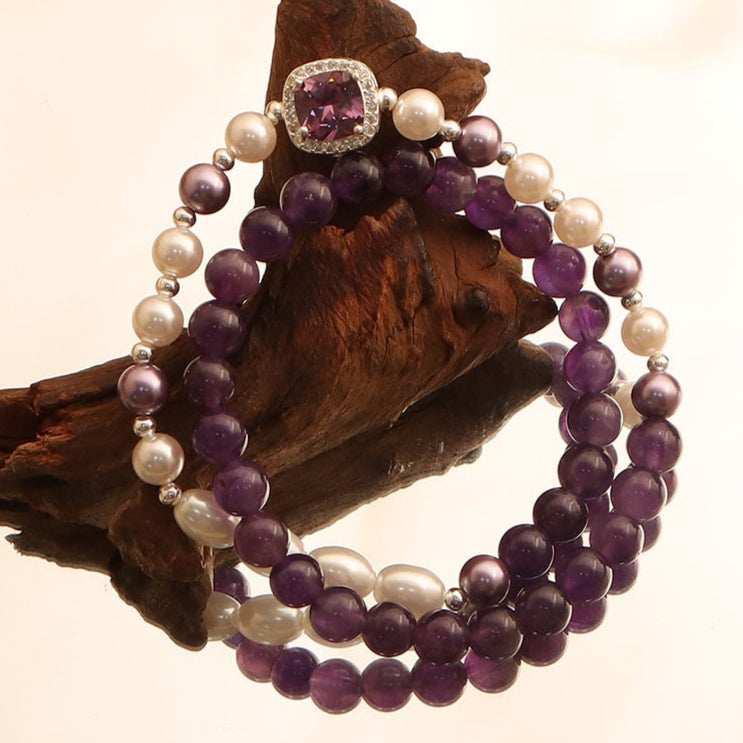 Amethyst & Pearl Triple-Strand Bracelet with Pink Gemstone Clasp – Women’s Elegance & Balance