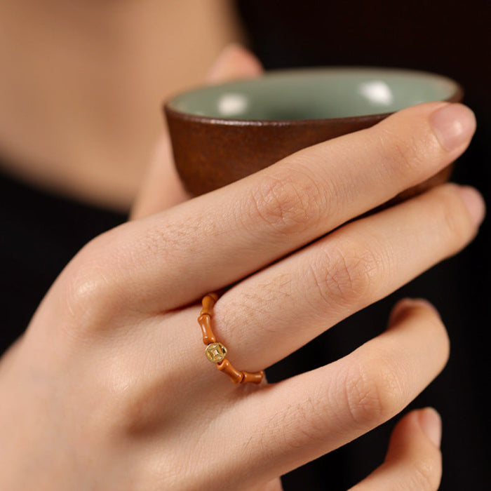 Olive Wood Bamboo Ring with Coin Accent – Women’s Prosperity & Poise