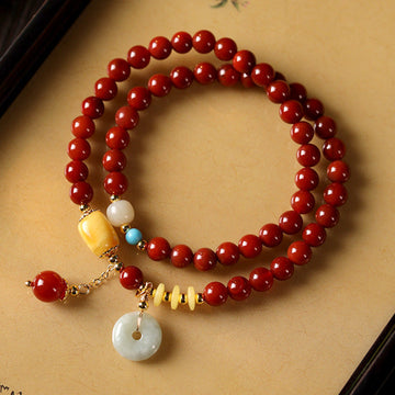 Prosperity & Peace Double-Wrap Bracelet – Red Agate with Jade Donut & Amber Charms