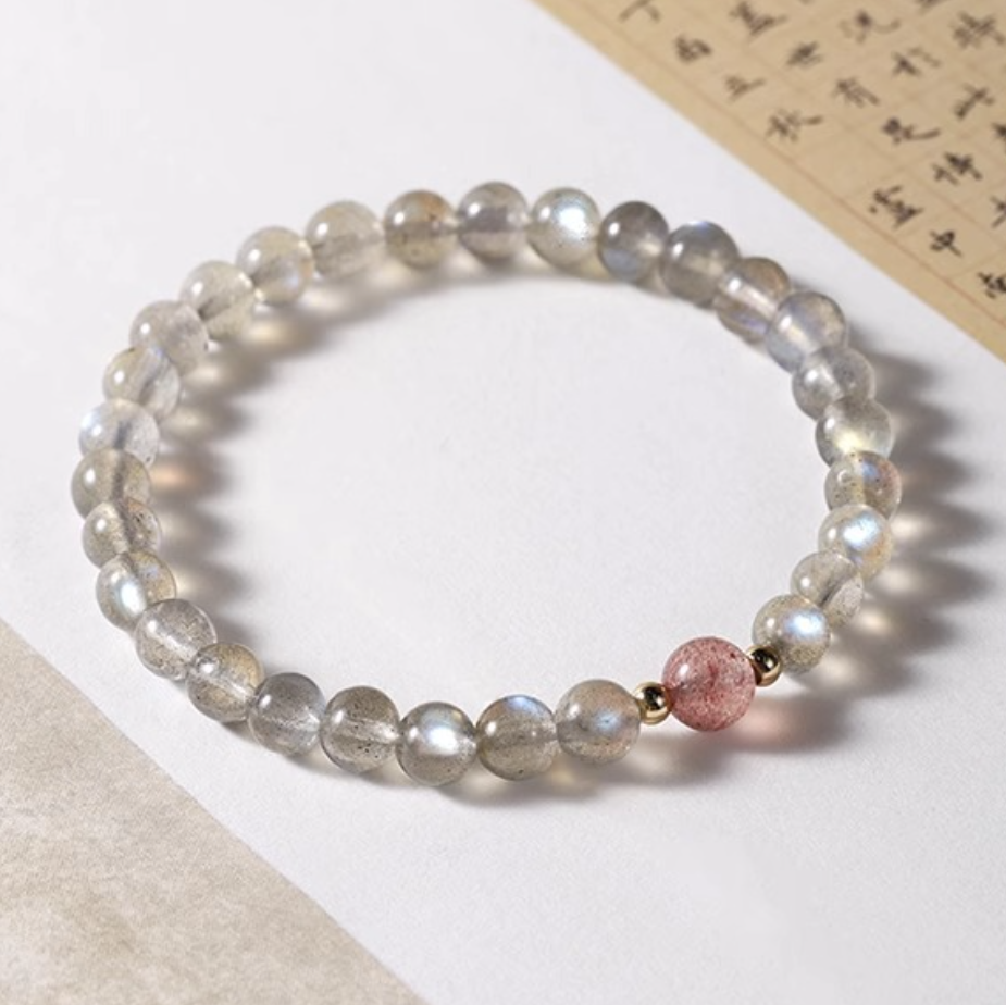 Gray Moonstone & Strawberry Quartz Bracelet – Soft Glow, Feminine Poise