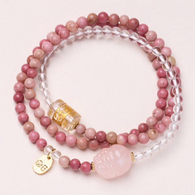 Rhodochrosite & Clear Quartz Double-Wrap Bracelet with Rose Quartz Pixiu – Love & Protection