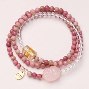 Rhodochrosite & Clear Quartz Double-Wrap Bracelet with Rose Quartz Pixiu – Love & Protection