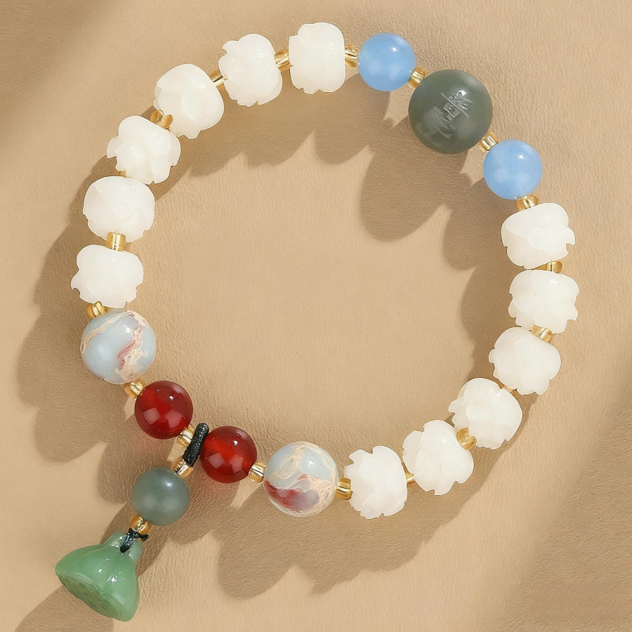 White Jade & Multi-Color Bead Bracelet Collection with Green Bell Charm – Harmony & Protection