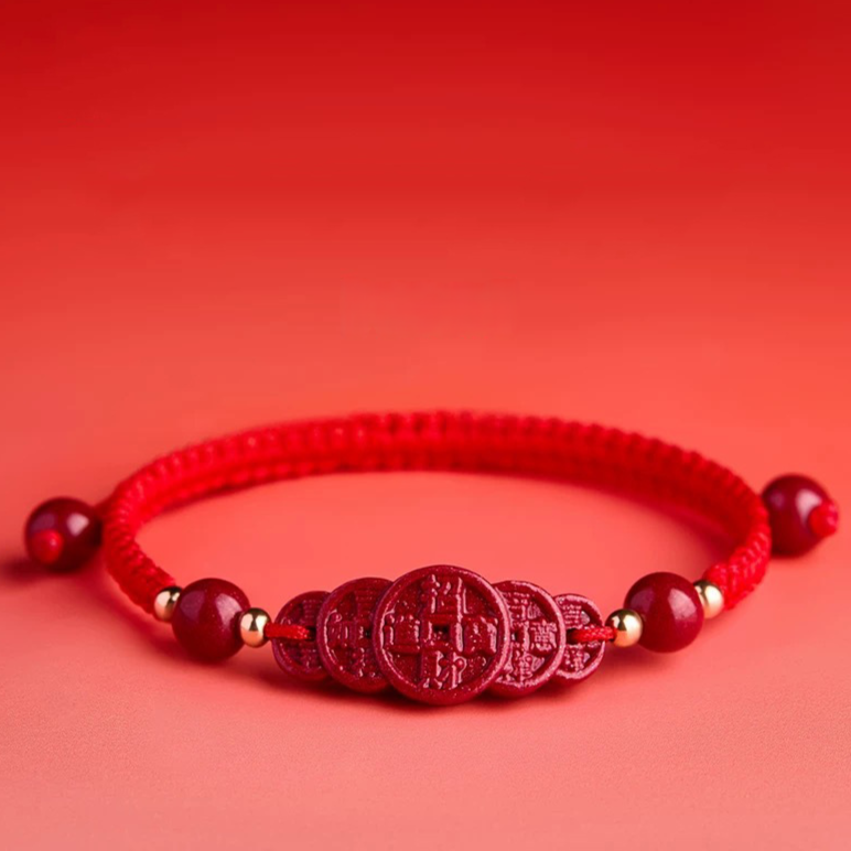 Cinnabar Five-Emperors Coin Red String Bracelet – Macramé (2 Colors)
