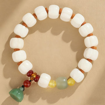 White Jade & Multi-Color Bead Bracelet Collection with Green Bell Charm – Harmony & Protection