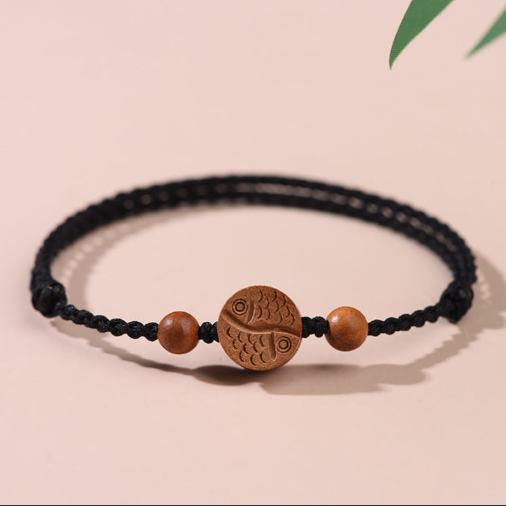 Peachwood Yin-Yang Fish Red String Bracelet – Guardian Charm (Red or Black)