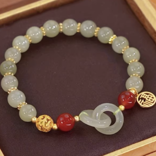 Eternal Harmony Bracelet – Hetian Jade & Red Agate Fortune Link