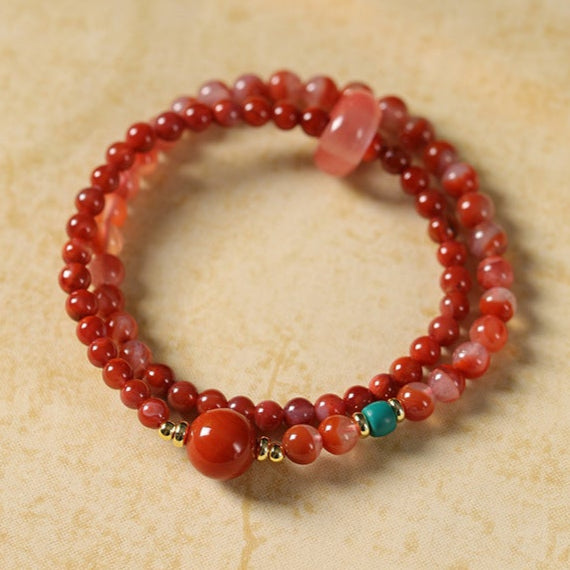 Double-Wrap Red Agate & Watermelon Crystal Bracelet – Women’s Protection & Vitality Talisman