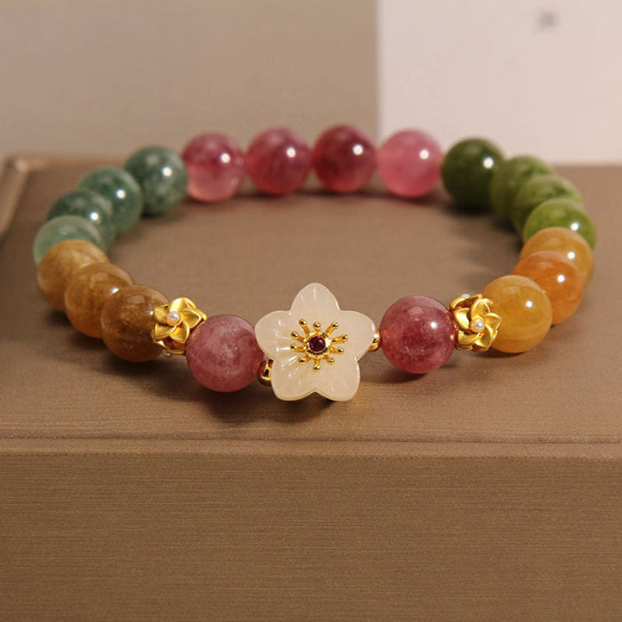 Floral Harmony Bracelet – Multi-Color Tourmaline & Jade Blossom Charm