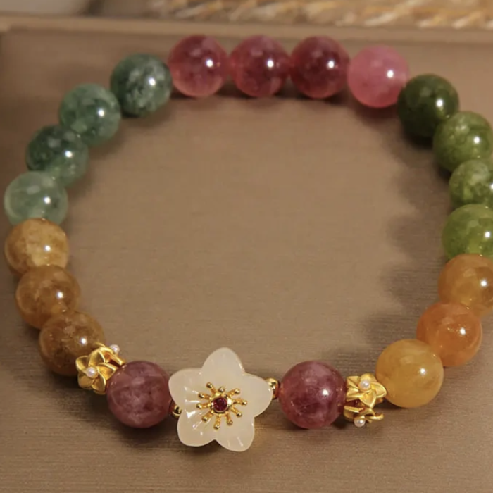 Floral Harmony Bracelet – Multi-Color Tourmaline & Jade Blossom Charm