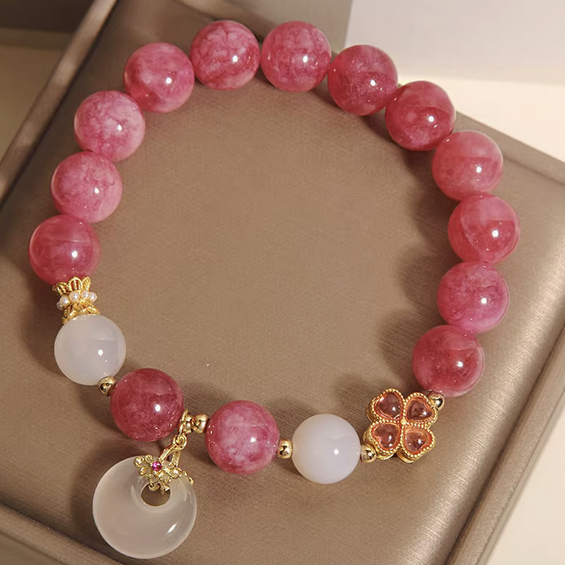 Pink Tourmaline Bracelet with Clover Charm & Peace Pendant – Love & Harmony