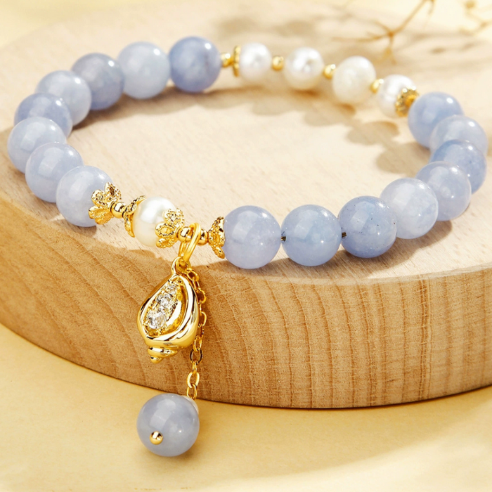 Ocean Grace Bracelet – Aquamarine & Pearl with Lucky Gourd Charm