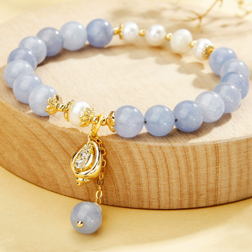 Ocean Grace Bracelet – Aquamarine & Pearl with Lucky Gourd Charm