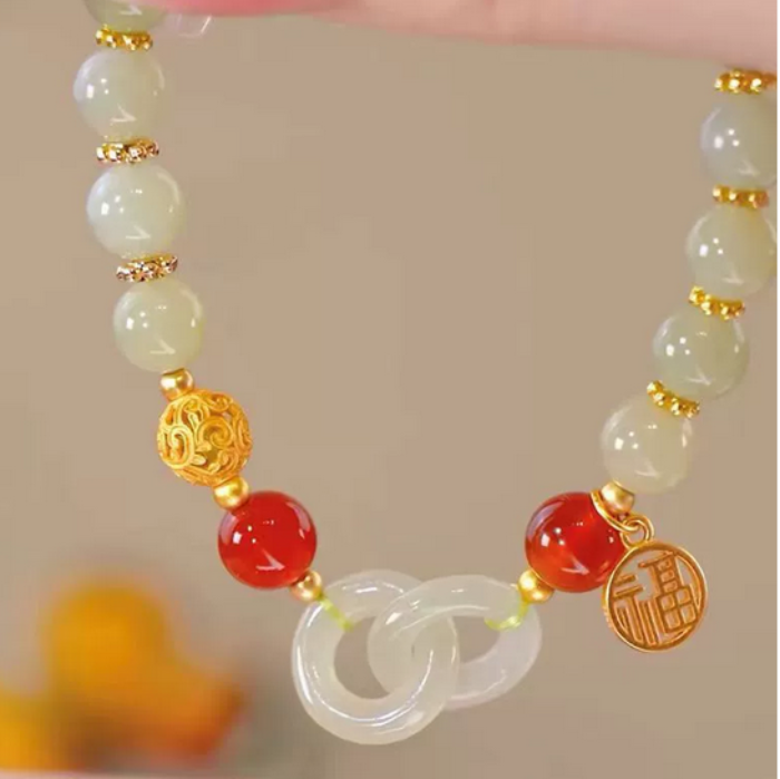 Eternal Harmony Bracelet – Hetian Jade & Red Agate Fortune Link