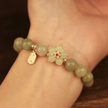 Jade Bloom Bracelet – Green Jade with Gold Floral & “Fu” Charm