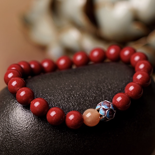 Cinnabar & Sunstone Bracelet with Silver Enamel Lotus – Protection & Prosperity
