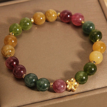 Golden Petal Harmony Bracelet – Multi-Color Tourmaline & Flower Charm