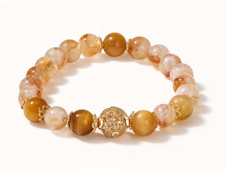 Golden Wealth Bracelet – Citrine or Yellow Phantom Quartz with Tiger’s Eye & Gold Filigree