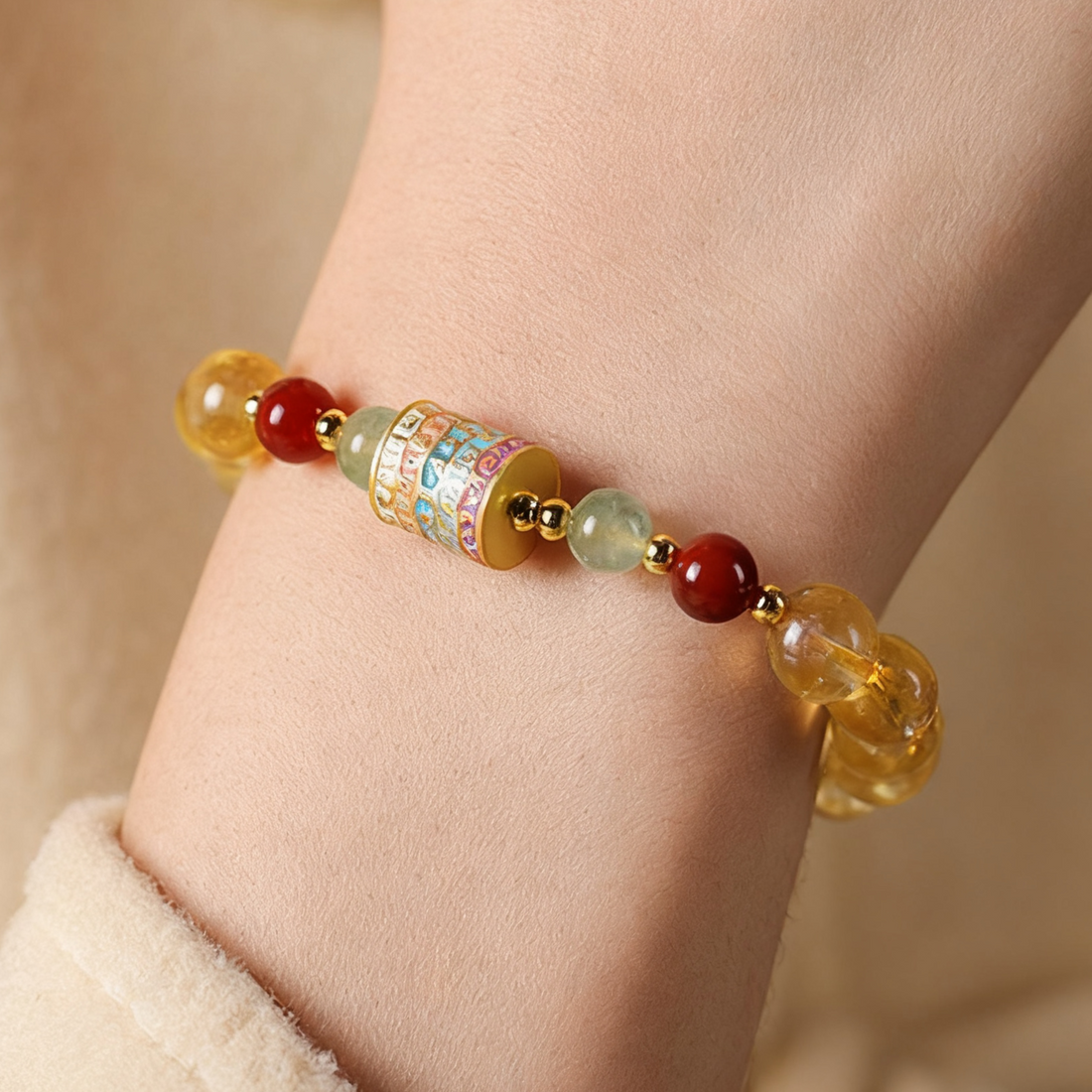 Golden Citrine Bracelet with Five-Color Prayer Wheel – Prosperity & Protection