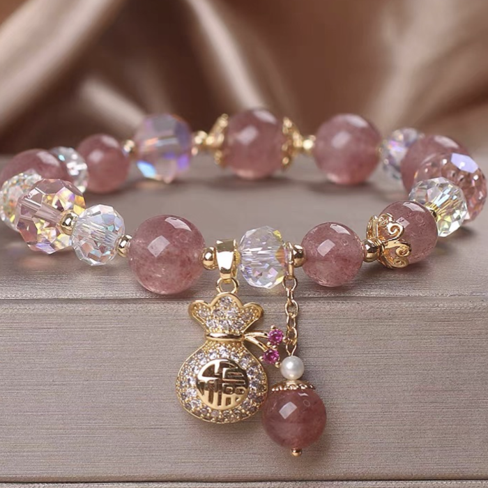 Fortune Bloom Bracelet – Strawberry Quartz & Lucky Money Bag Charm