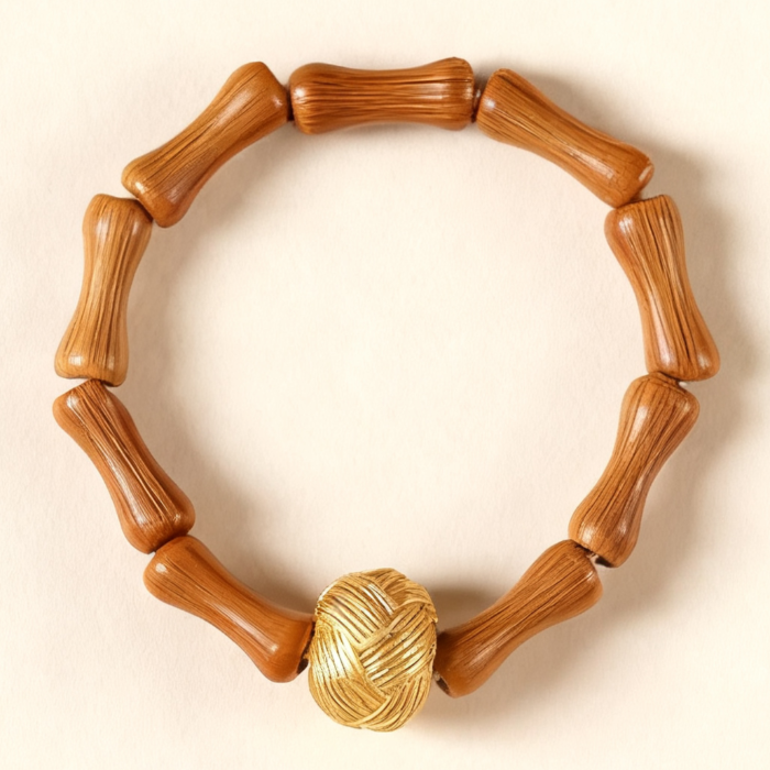 Olive Wood Bamboo-Style Bead Ring with Textured Golden Accent – Women’s Natural Elegance