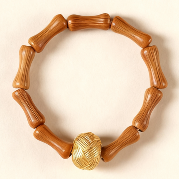 Olive Wood Bamboo-Style Bead Ring with Textured Golden Accent – Women’s Natural Elegance