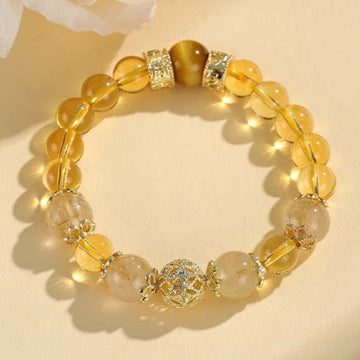 Sunlit Golden Quartz Fortune Bracelet – Filigree Orb & Prosperity Barrels