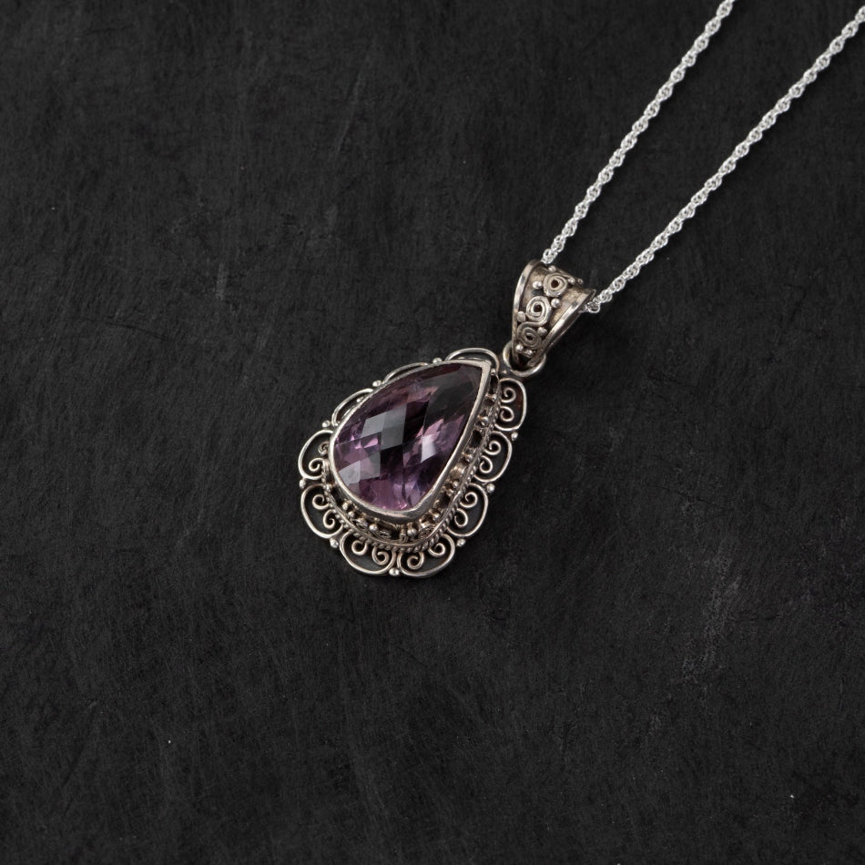 Amethyst Teardrop Filigree Silver Pendant – Clarity & Calm