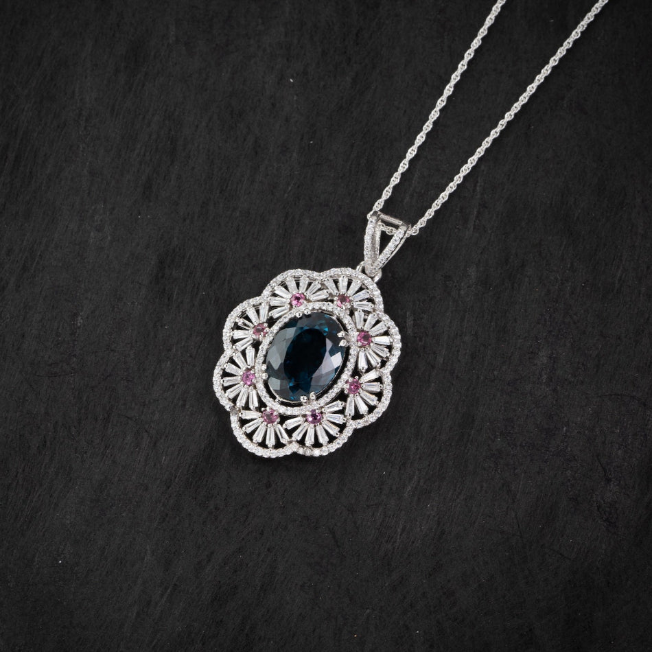 London Blue Topaz Lotus Halo Silver Pendant – Clarity & Expression（Pre-sale & Delivery 10 days later）