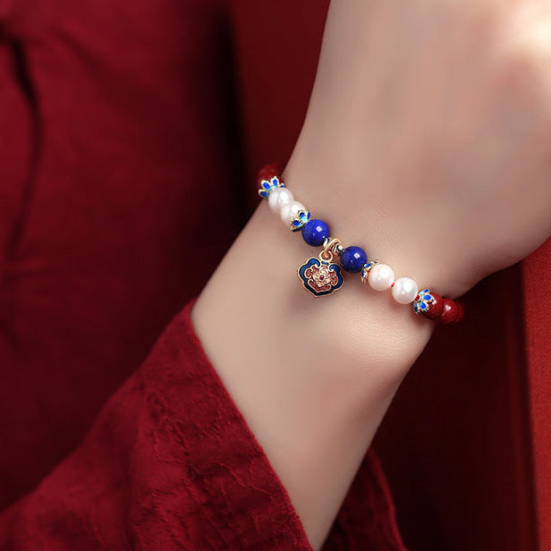 Cinnabar & Pearl Longevity Lock Bracelet – Blessing & Protection