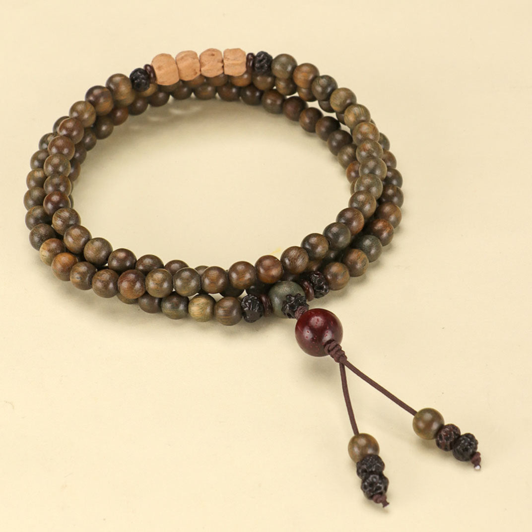 Green Sandalwood Double-Wrap Mala Bracelet with Bodhi Accents – Grounding & Protection