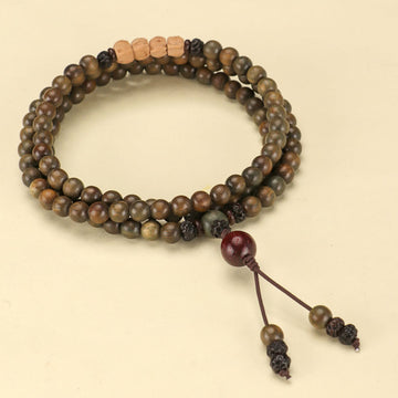 Green Sandalwood Double-Wrap Mala Bracelet with Bodhi Accents – Grounding & Protection