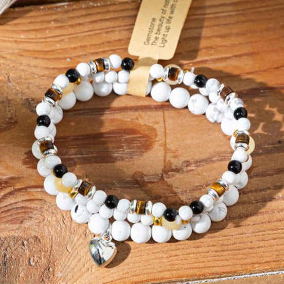Gemstone Double-Strand Bracelet Collection with Heart Charm – Women’s Balance & Elegance
