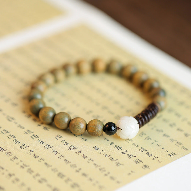 Green Sandalwood Bracelet with White Jade Lotus & Bodhi Accents – Unisex Protection